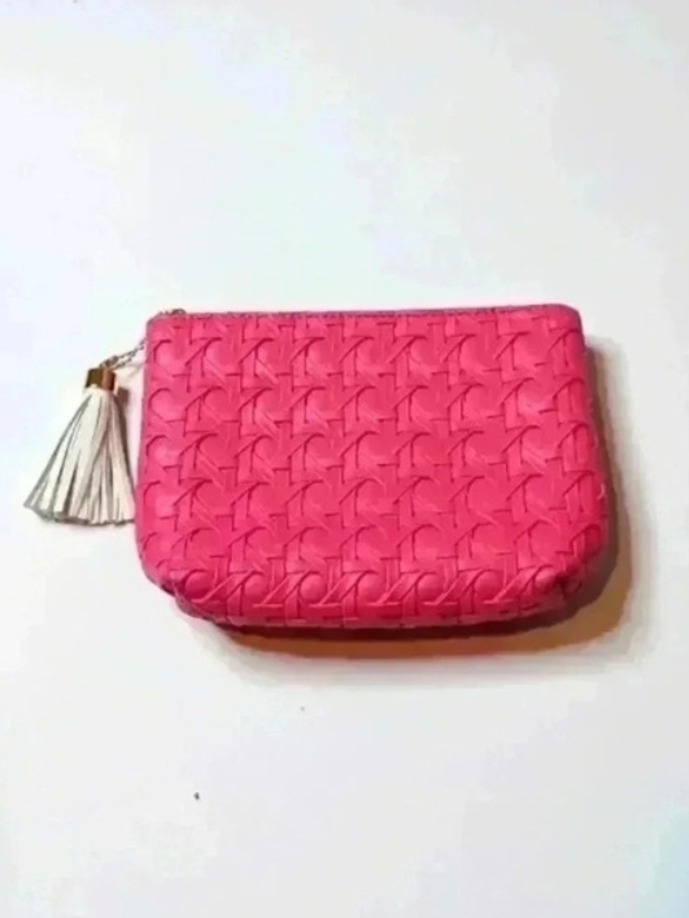 Bath & Body Works Hot Pink Woven Cosmetic Pouch with White Tassel